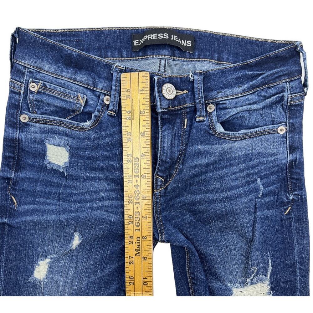 Express Jeans Mid Rise Ripped Distressed Denim Dark Blue Wash Leggings Womens 0 - Picture 6 of 7